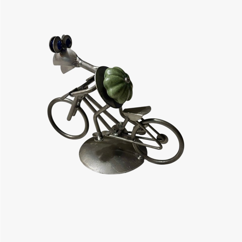Frog Riding Bike Metal Sculpture Hand Made 7 Inch